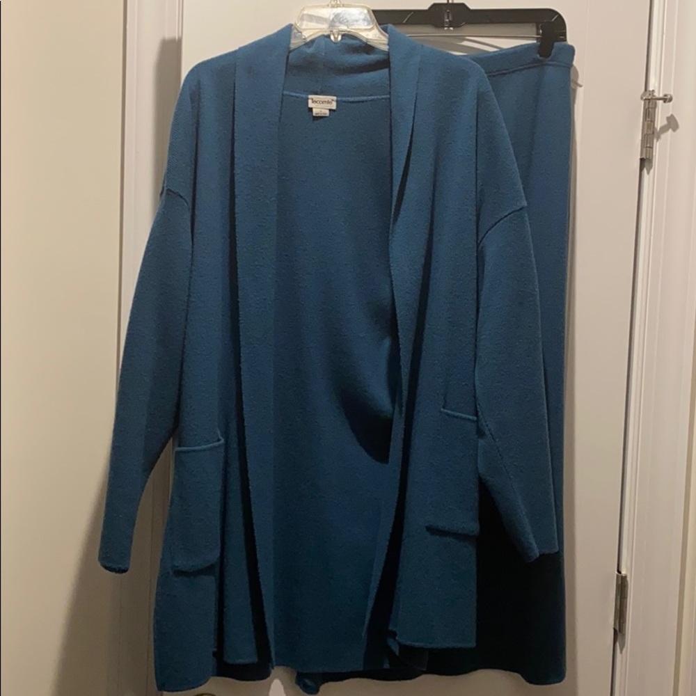 Two piece teal jacket and skirt